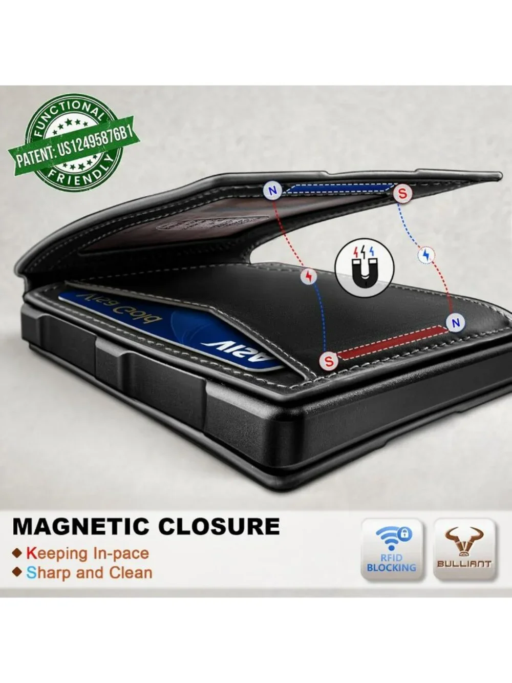 Slim Full Grain Leather Wallet with Metal Money Clip & Magnetic Closure for Men